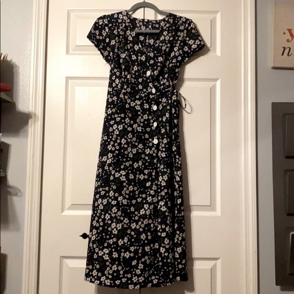 Navy floral midi wrap dress